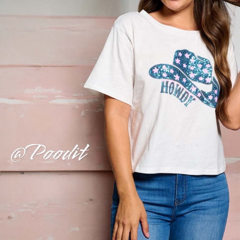 PEACH LOVE CALIFORNIA Howdy sequin graphic tee S M L - Picture 2 of 7